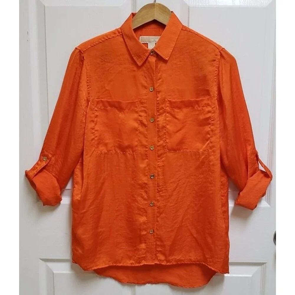Michael Kors Button Up Roll Tab Slv Top Women Sz S Orange Crinkle Pockets Preppy